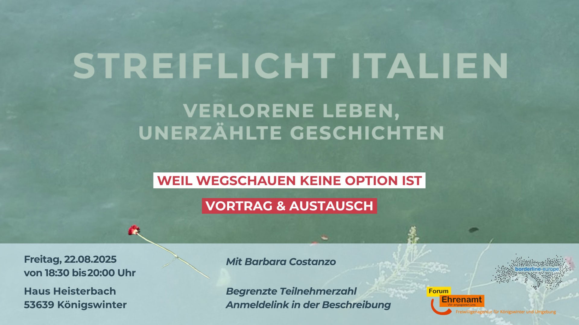 Verlorene Leben – unerzählte Geschichten Tausende Menschen verschwinden auf der Flucht über das zentrale Mittelmeer – oft bleibt ihr Schicksal ungeklärt. Doch was bedeutet das für ihre Familien? Wer unterstützt sie und wer baut Hürden auf? Warum gibt es so wenig öffentliche Aufmerksamkeit für dieses Thema? Diese Veranstaltung macht sichtbar, was sonst verborgen bleibt: die Geschichten der Vermissten, die verzweifelte Suche der Angehörigen – und den Einsatz derer, die sich nicht abfinden wollen. Wer verstehen will, welche Facetten dieses Thema hat – jenseits von Zahlen und Schlagzeilen – sollte dabei sein. Nach dem Vortrag gibt es Raum für Fragen, Austausch und Diskussion. https://perspektiven-fuer-das-leben.de/termin/verlorene-leben-unerzaehlte-geschichten/